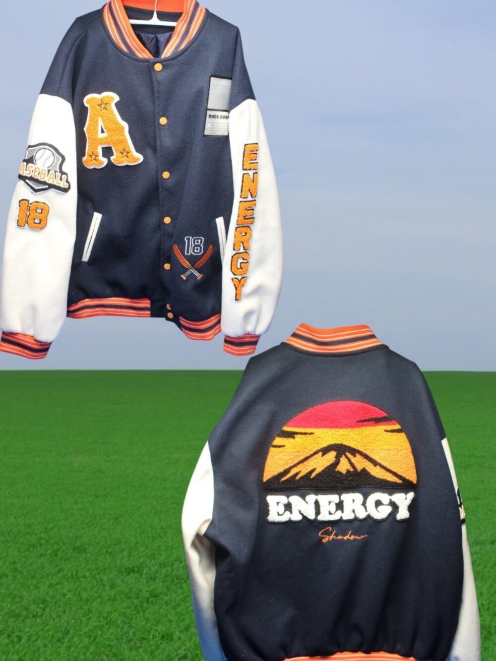 Energy Shadow  Baseball Letterman  Jacket Hip Hop Blue & Orange 2XL